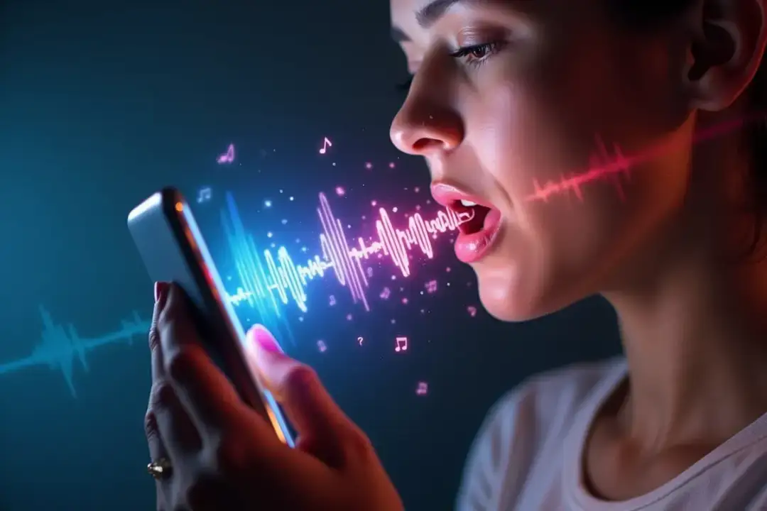 Kobieta nuci do telefonu, by znajdź piosenkę. Fale dźwiękowe i nuty unoszą się w powietrzu.