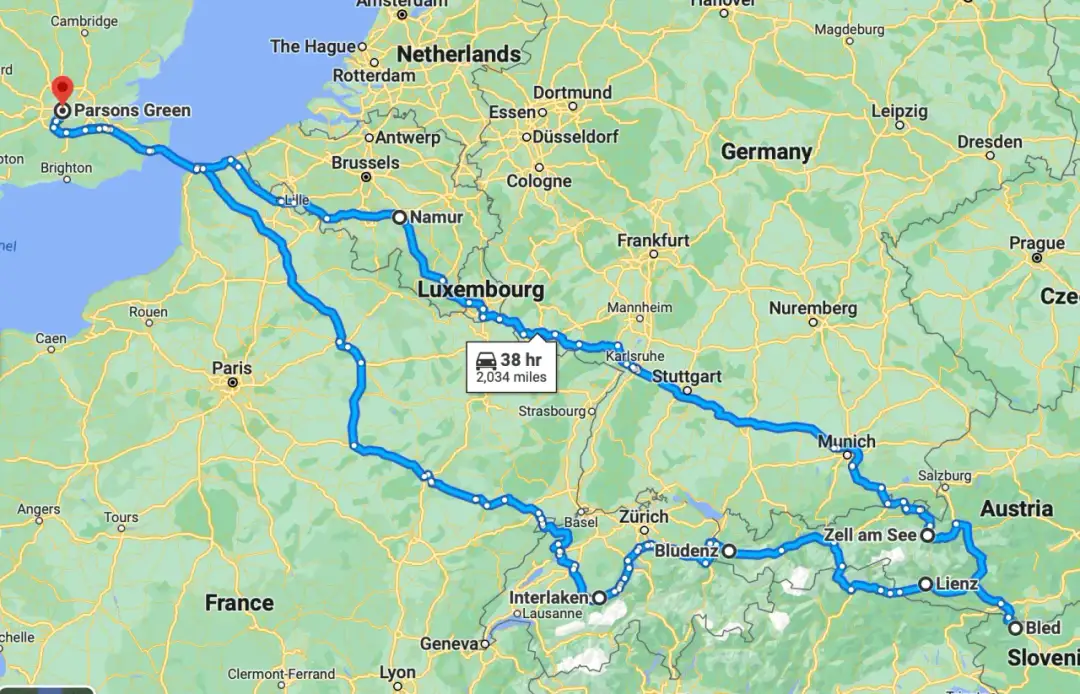 Trasa podróże po europie: z Londynu przez Francję, Luksemburg, Niemcy, Austrię do Słowenii.