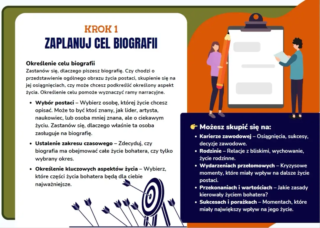 Krok 1: Zaplanuj cel biografii. Zastanów się, jak napisać biografię, wybierając postać, zakres czasowy i kluczowe aspekty życia.