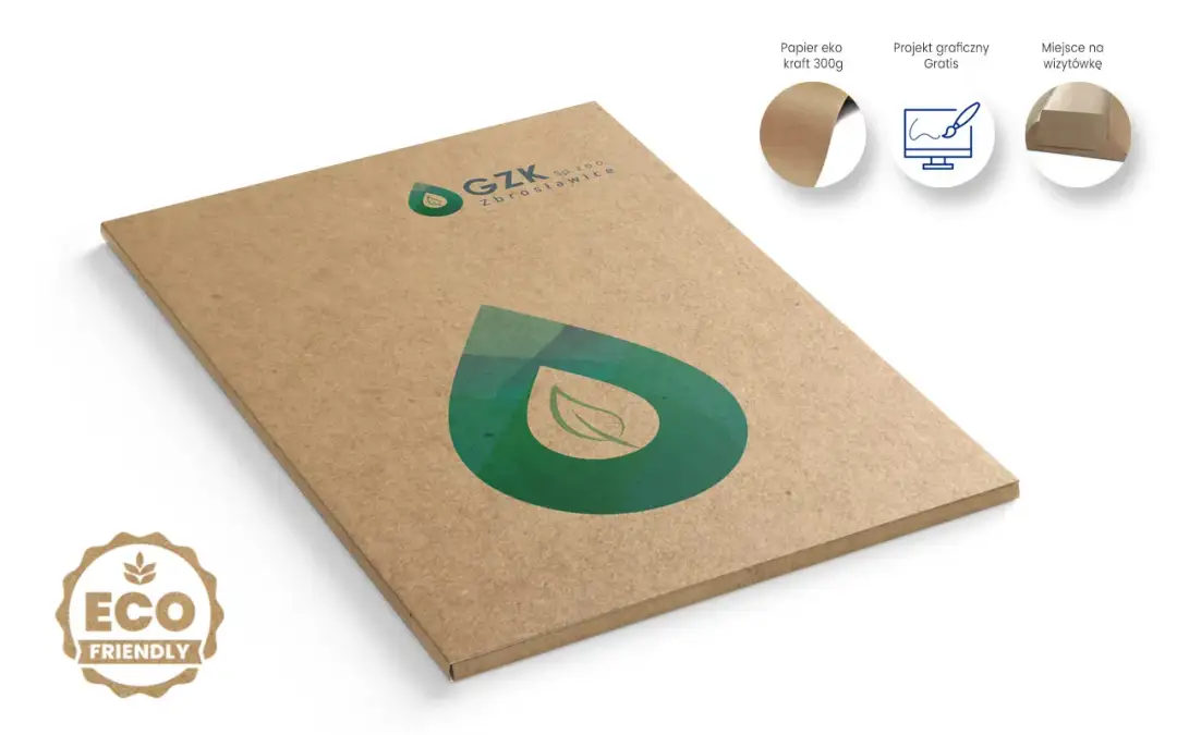 Brązowa teczka z logo GZK Zbrosławice i zieloną kroplą. Wykonana z papieru z kamienia, ekologiczna.