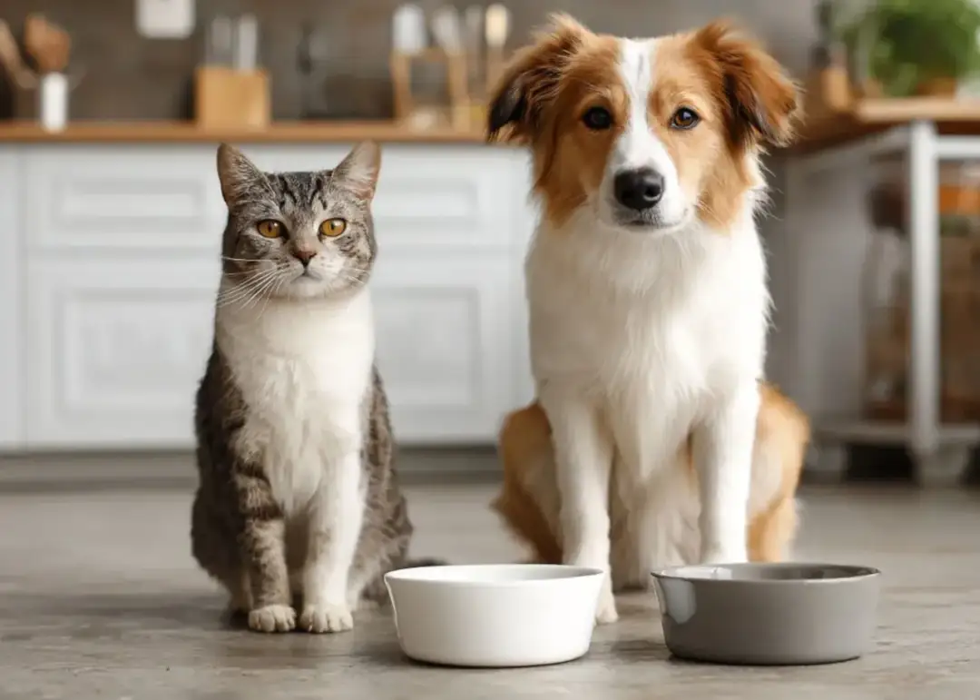 Kot i pies siedzą obok siebie z miskami na jedzenie.