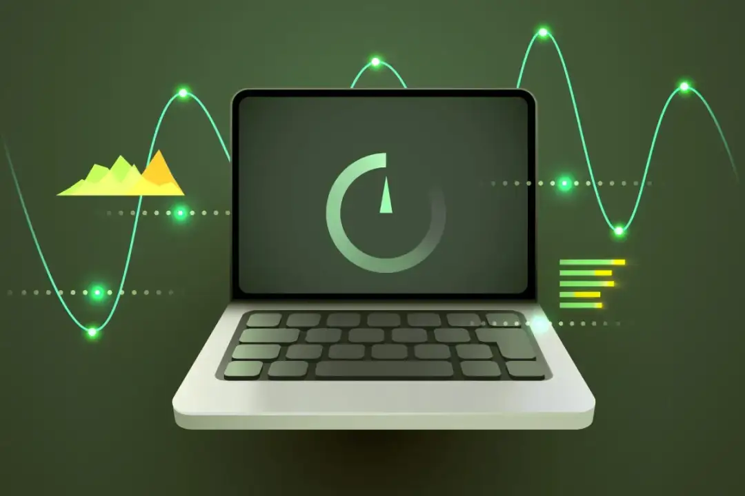 Czy darmowe programy czyszczące komputer faktycznie przyspieszają system? Grafika przedstawia laptopa z wskaźnikiem ładowania i wykresami, sugerując analizę wydajności.