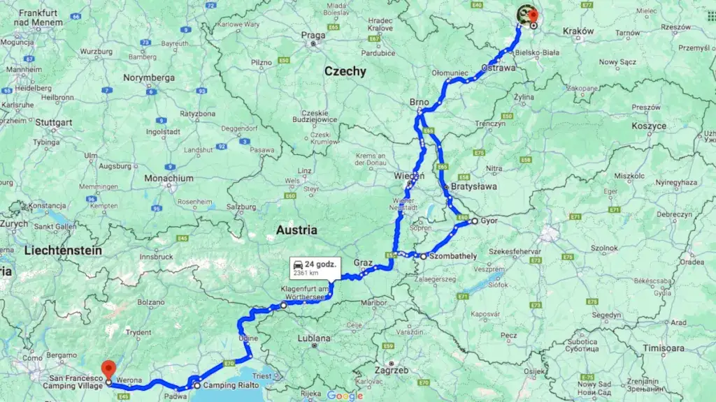  Polska Włochy trasa samochodowa - mapa i szczegóły podróży
