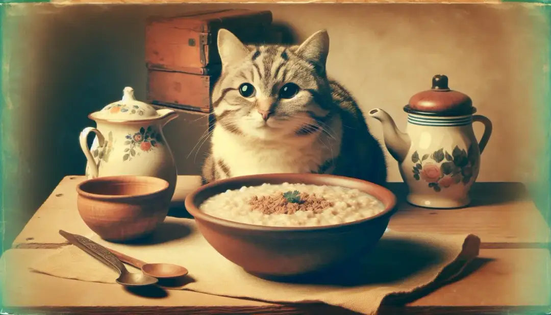 Kot siedzi przy stole z miską kaszy, dzbankiem i imbrykiem.