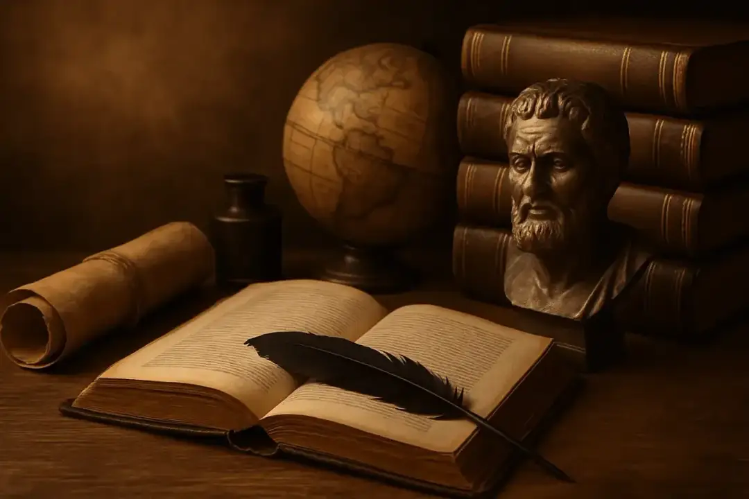 Stary globus, księgi i popiersie mędrca. Pióro na otwartej księdze zachęca, by nie zasypiać gruszek w popiele.