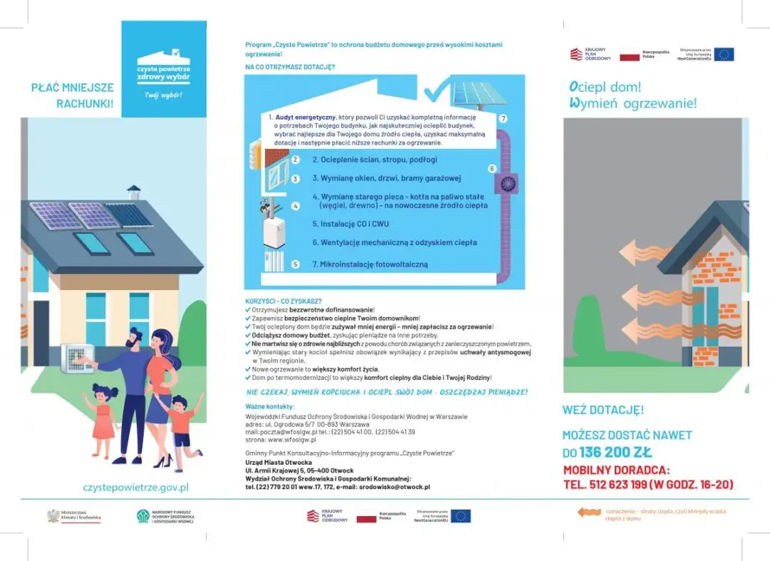 Rodzina przed domem z panelami słonecznymi i kotłem, ilustracja izolacji domu.