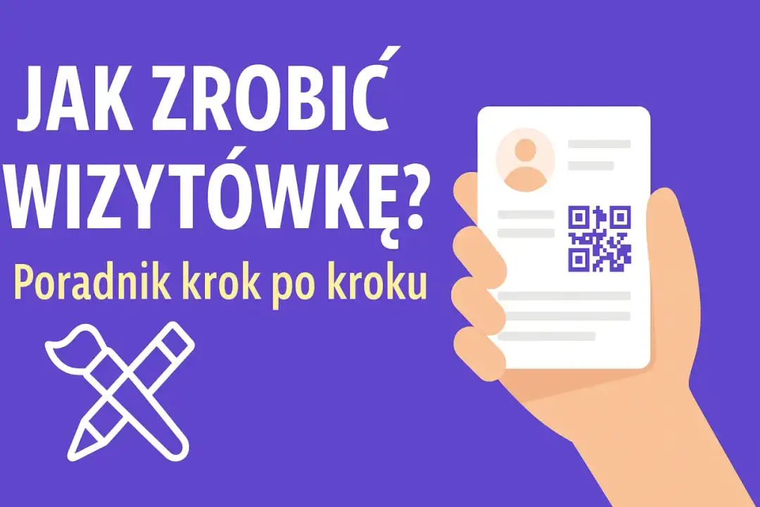 Jak samemu zrobić wizytówki? Poradnik krok po kroku z ikoną pędzla i ołówka. Dłoń trzyma wizytówkę z QR kodem.