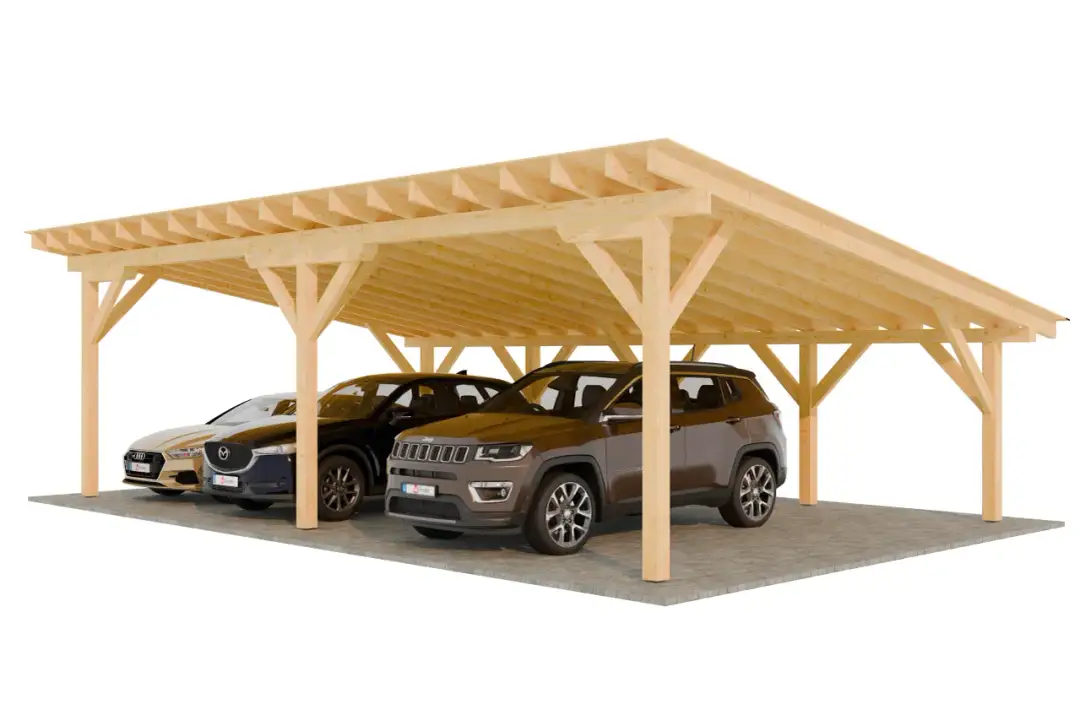 Drewniana wiata z dachem jednospadowym chroni trzy samochody. Prosty projekt, jak zbudować wiatę z dachem jednospadowym.