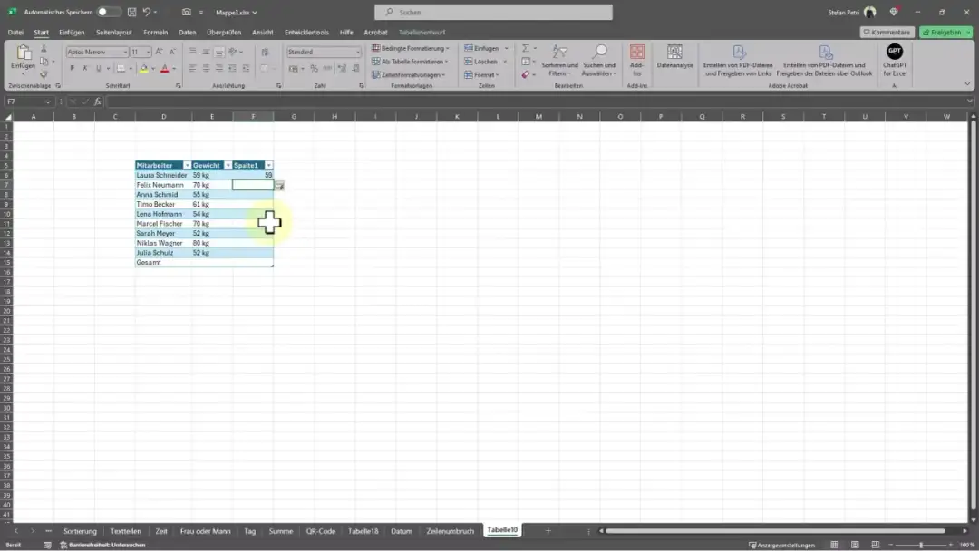 Tabela z danymi pracowników i ich wagą. Widać, jak sumować w Excelu, używając funkcji SUMA.