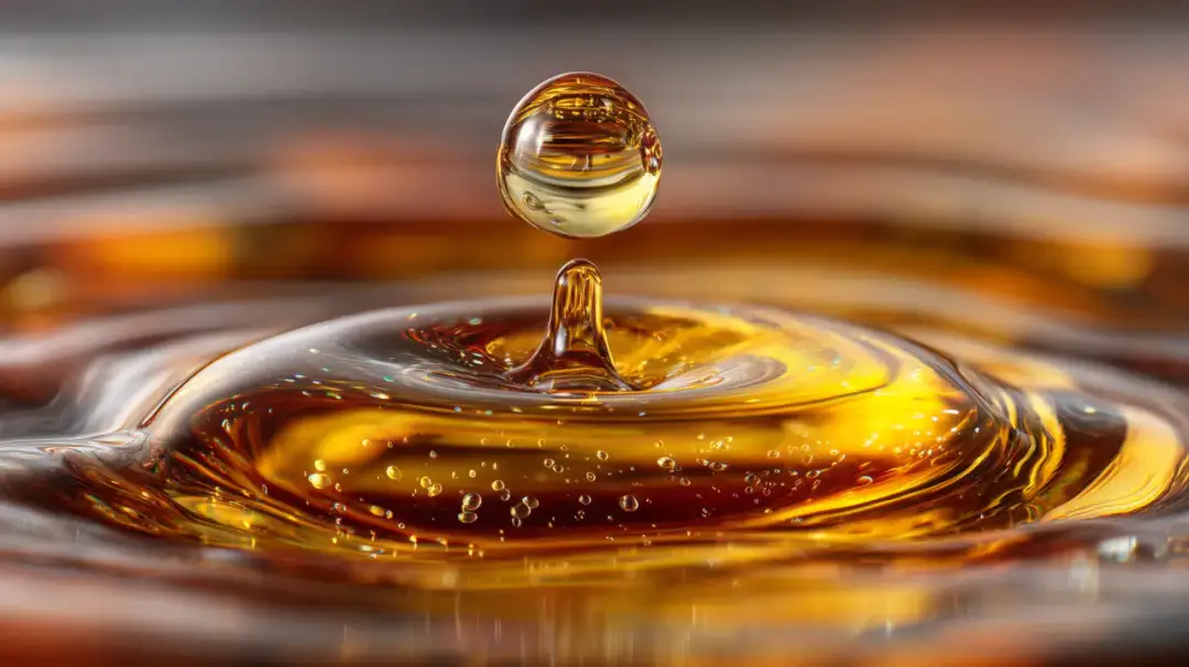 Kropla złotego olejku zapachowego spada na taflę, tworząc falę. Dowiedz się, jak rozcieńczyć olejek zapachowy dla idealnego aromatu.