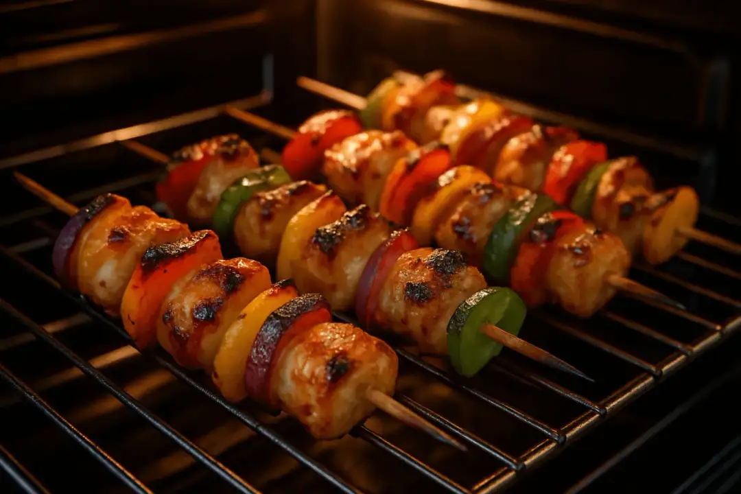 Siedem szaszłyków z kurczakiem i warzywami piecze się w piekarniku.