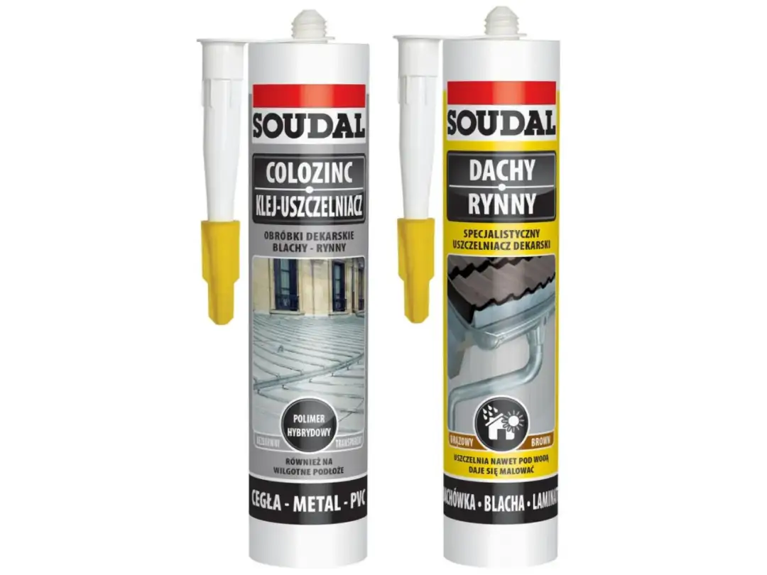 Dwa białe uszczelniacze dekarskie Soudal: jeden do obróbek blach, drugi do dachów i rynien.
