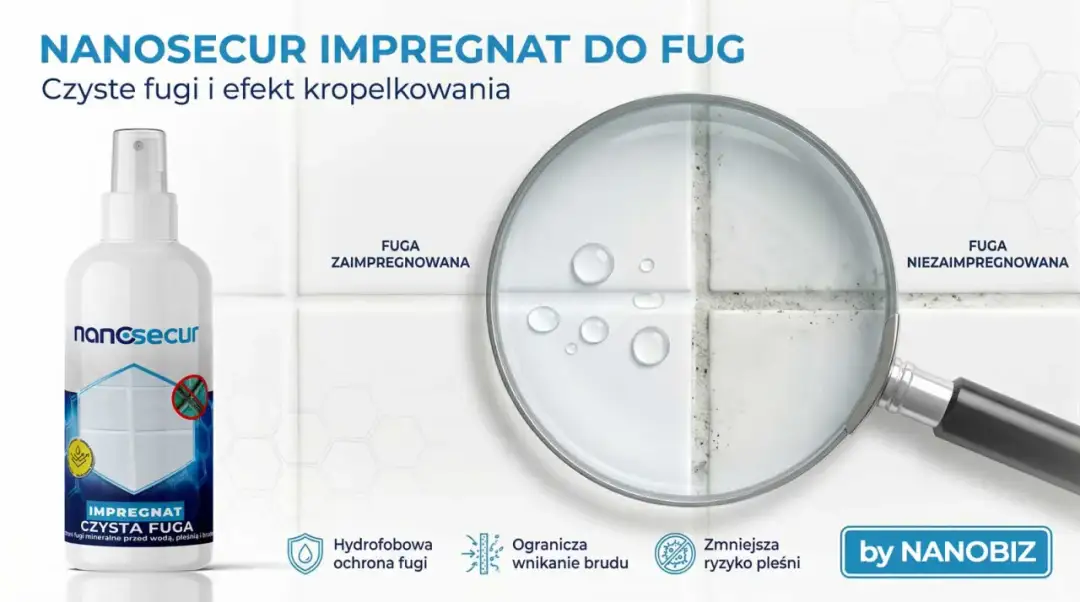 Nanosecur Impregnat do fug: porównanie fugi zaimpregnowanej (efekt kropelkowania) i niezaimpregnowanej, pokazujące, jak rozrobić fugę i chronić ją przed brudem i pleśnią.