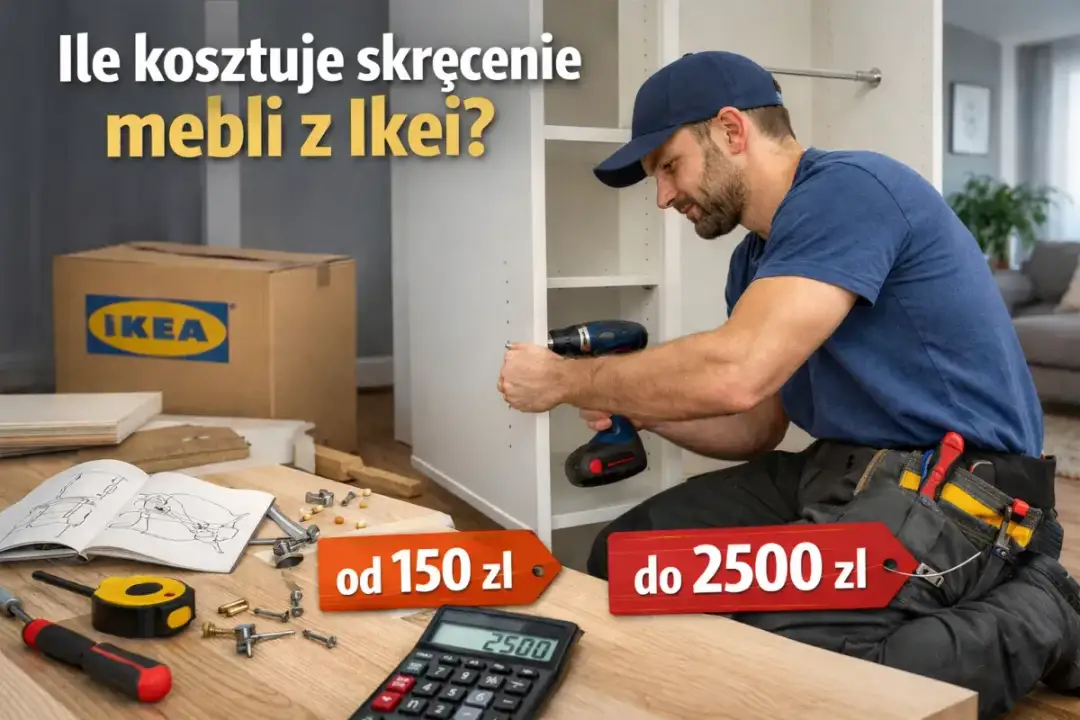 Ile kosztuje skręcanie mebli z Ikei? Ceny wahają się od 150 zł do 2500 zł. Na zdjęciu mężczyzna montuje meble, obok instrukcja i narzędzia.