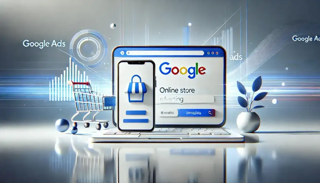 Grafika przedstawia laptop z ekranem Google, telefonem i wózkiem sklepowym, symbolizując reklamę online. W tle wykresy i napisy "Google Ads" sugerują analizę i potencjalne objawy manipulacji w rankingach typu płatny artykuł sponsorowany.