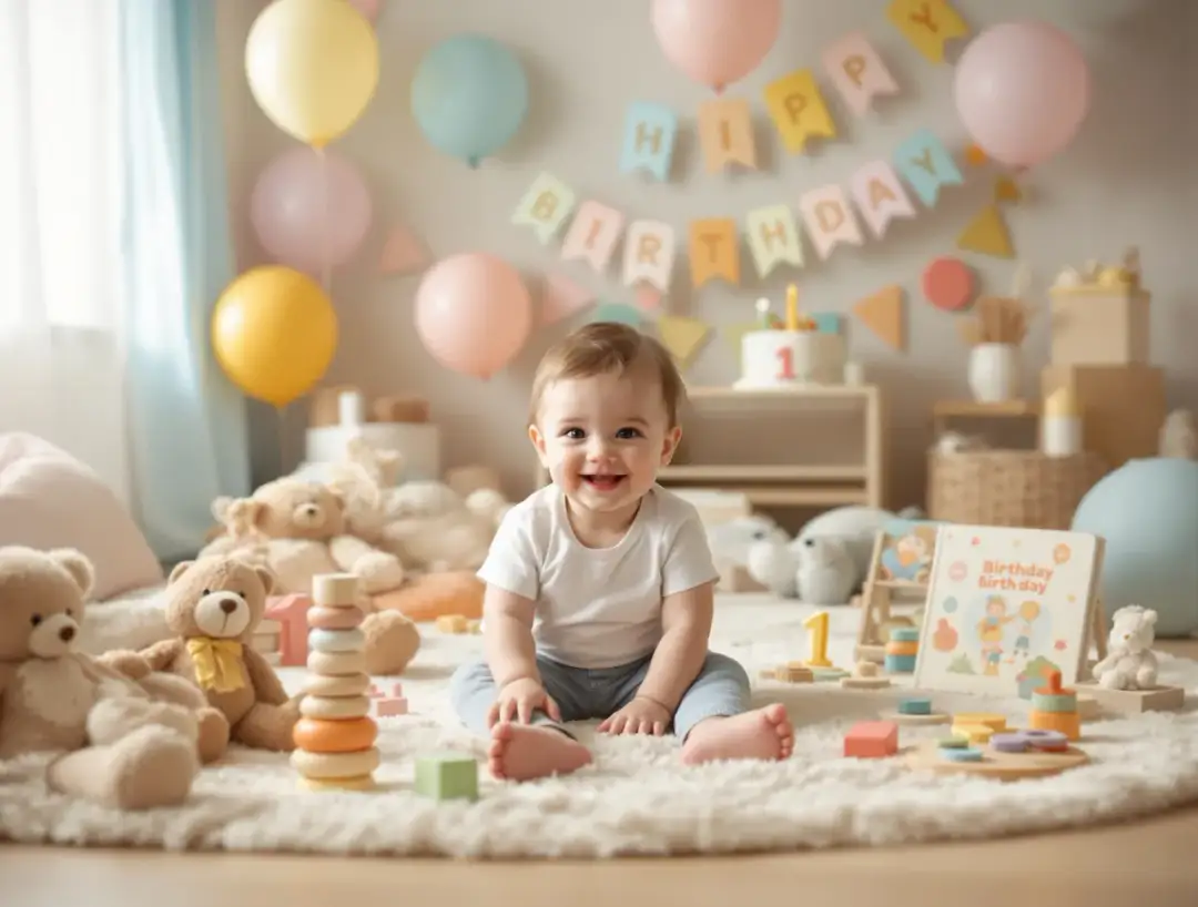 Uśmiechnięte dziecko siedzi na dywanie wśród zabawek i balonów, w tle tort urodzinowy.