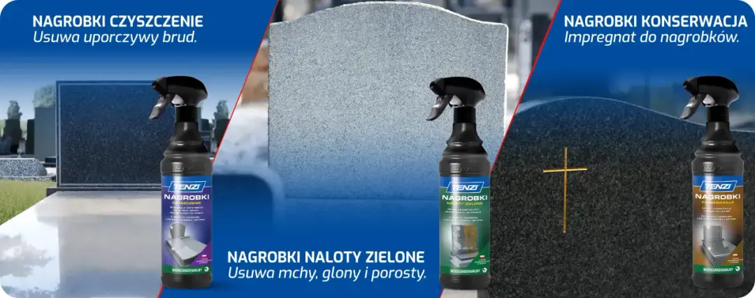 Butelki z preparatami do czyszczenia i konserwacji nagrobków na tle kamiennych płyt.