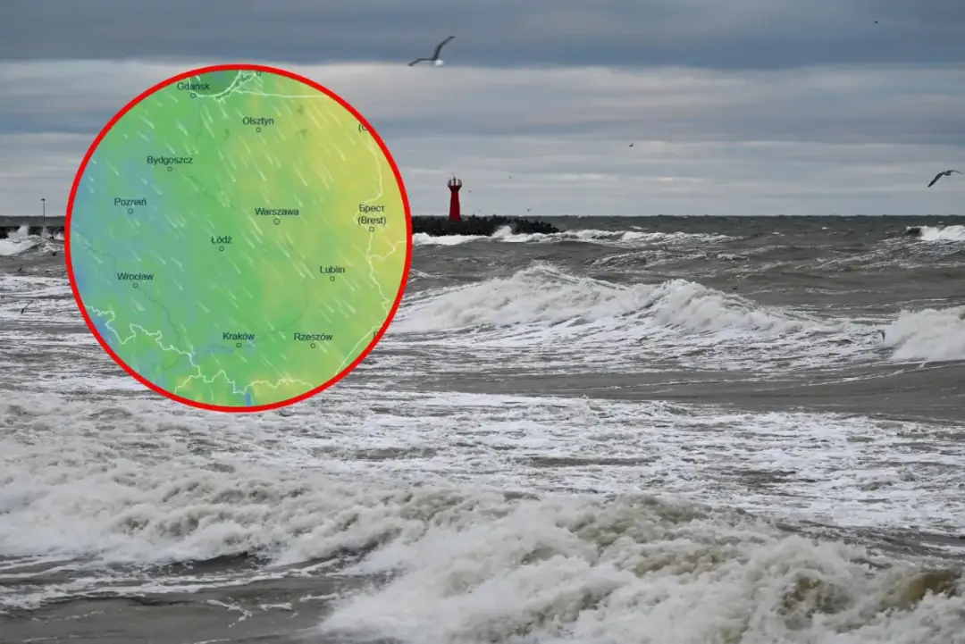 Kiedy sztormy na Bałtyku, fale rozbijają się o brzeg, a na niebie widać mapę pogody z zaznaczonymi miastami.