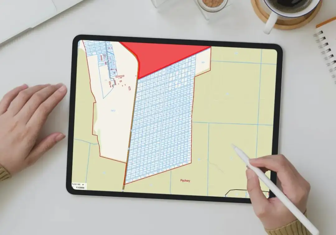 Tablet z mapą geodezyjną działek i ręką trzymającą rysik.
