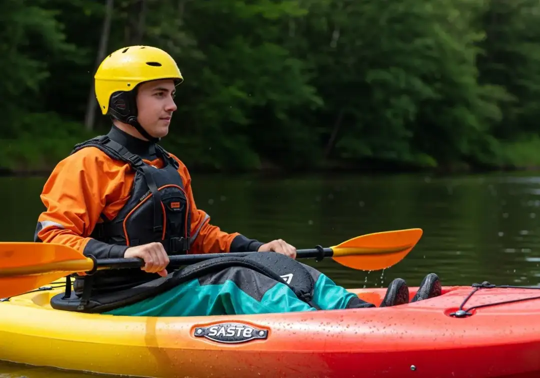 Mężczyzna w żółtym kasku i pomarańczowej kurtce siedzi w kajaku, trzymając wiosło.