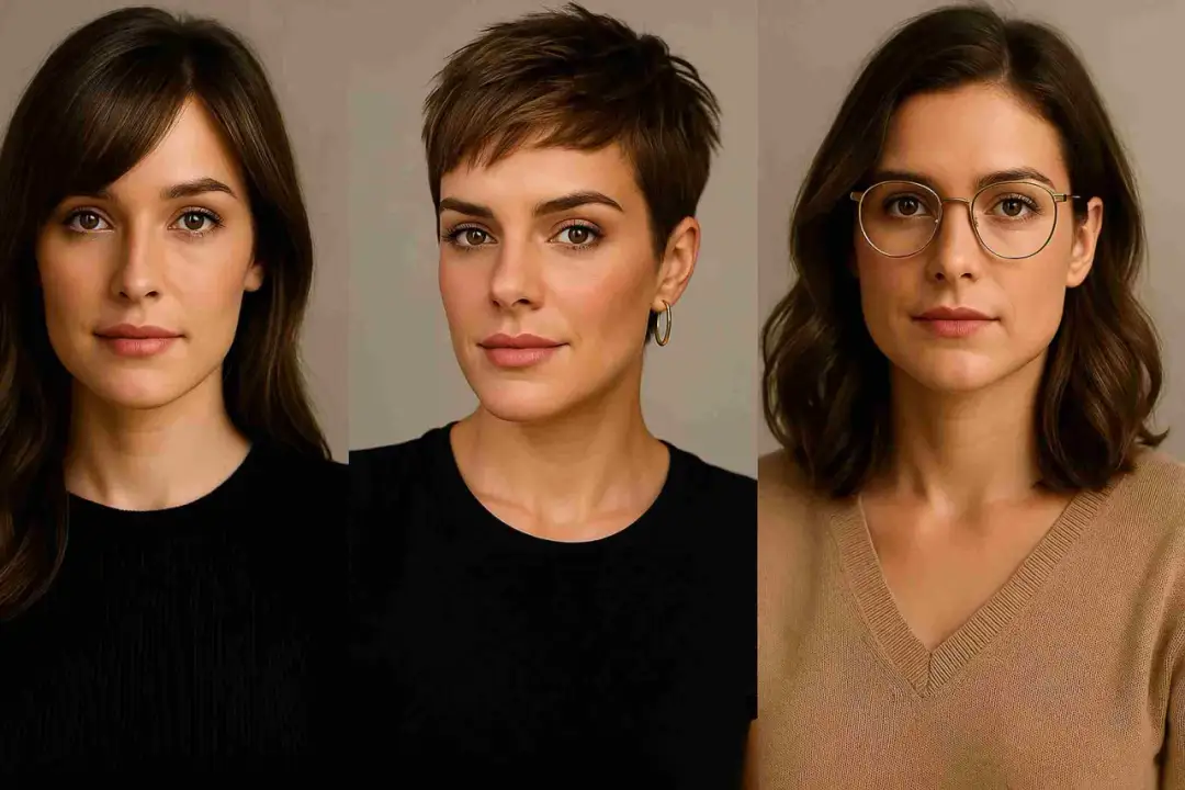 Trzy kobiety prezentują różne fryzury, pokazując, jak dopasować fryzurę do kształtu twarzy. Długie fale, krótki pixie cut i falowane włosy do ramion.