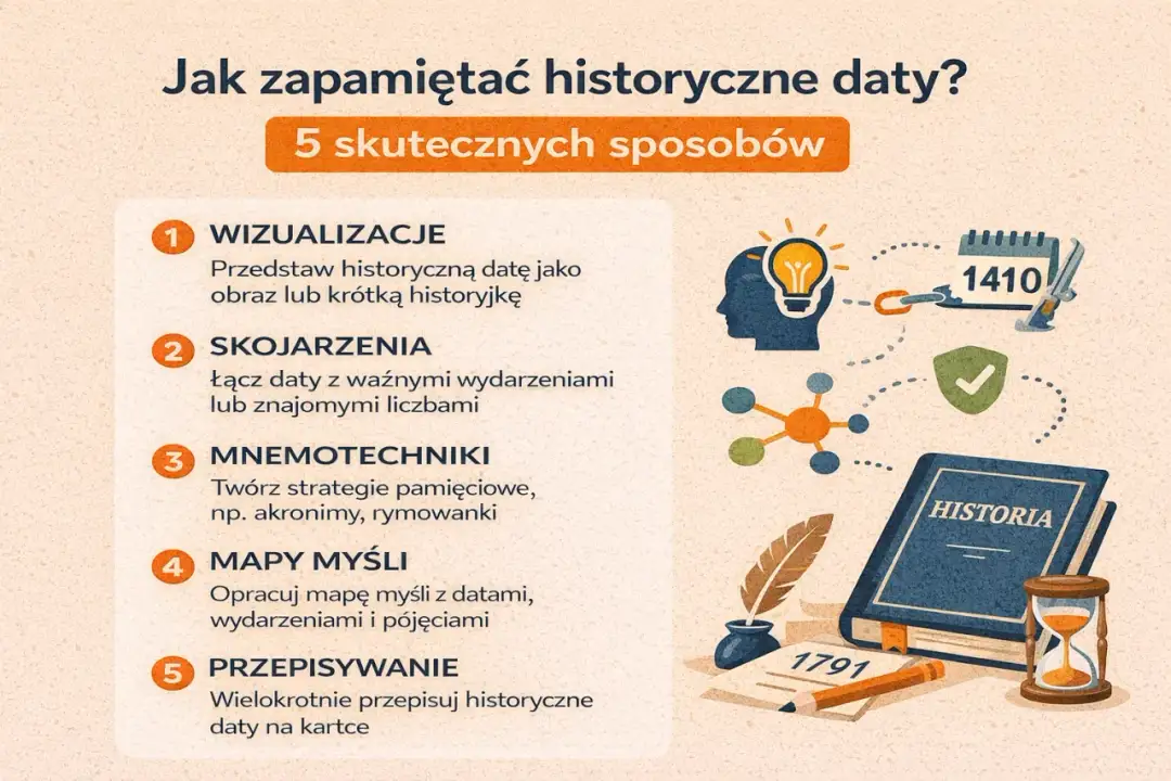 Jak się uczyć historii? 5 sposobów: wizualizacja, skojarzenia, mnemotechniki, mapy myśli, przepisywanie. Ilustracja pokazuje te metody.