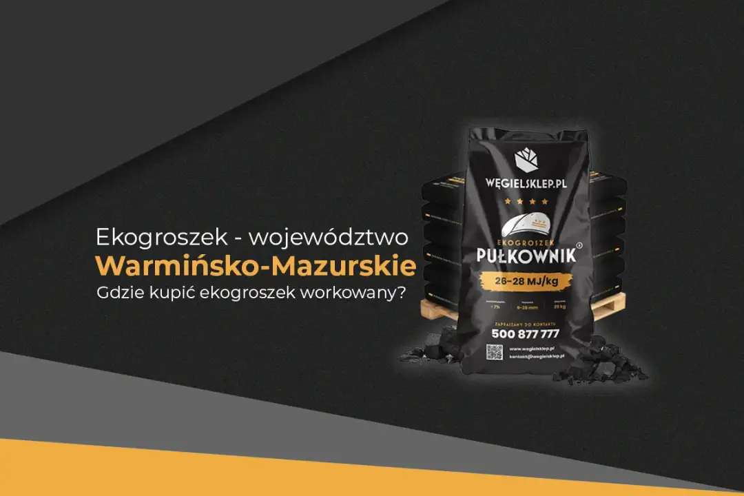 Worek ekogroszku "Półkownik" z informacjami o kaloryczności i wadze, na tle stosu worków.