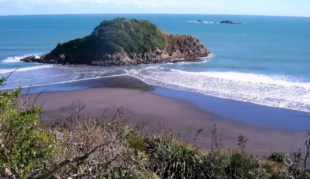Krajobraz wybrzeża Nowej Zelandii, kiedy odkryto ten piękny ląd. Ciemna plaża, zielona wyspa i turkusowe morze.