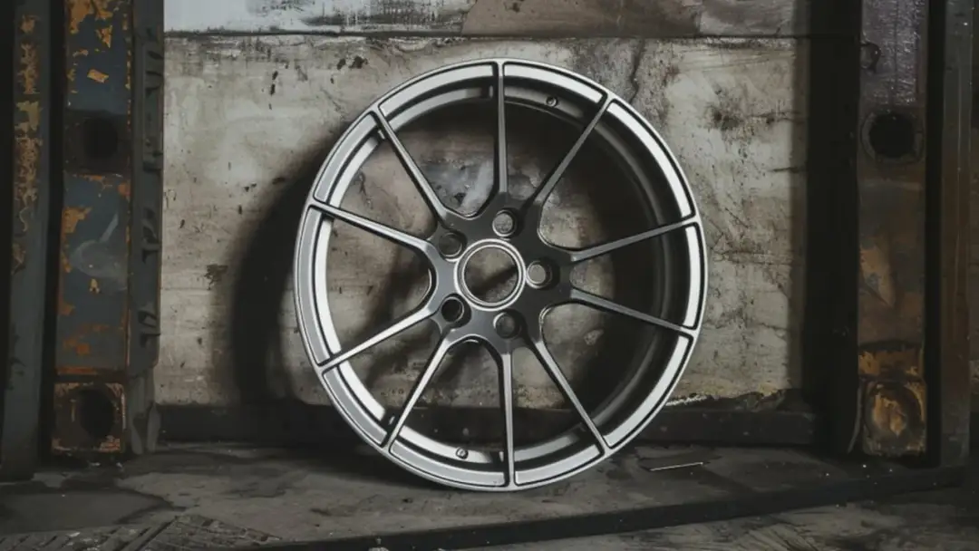 Felga aluminiowa z wieloma ramionami na tle industrialnym.