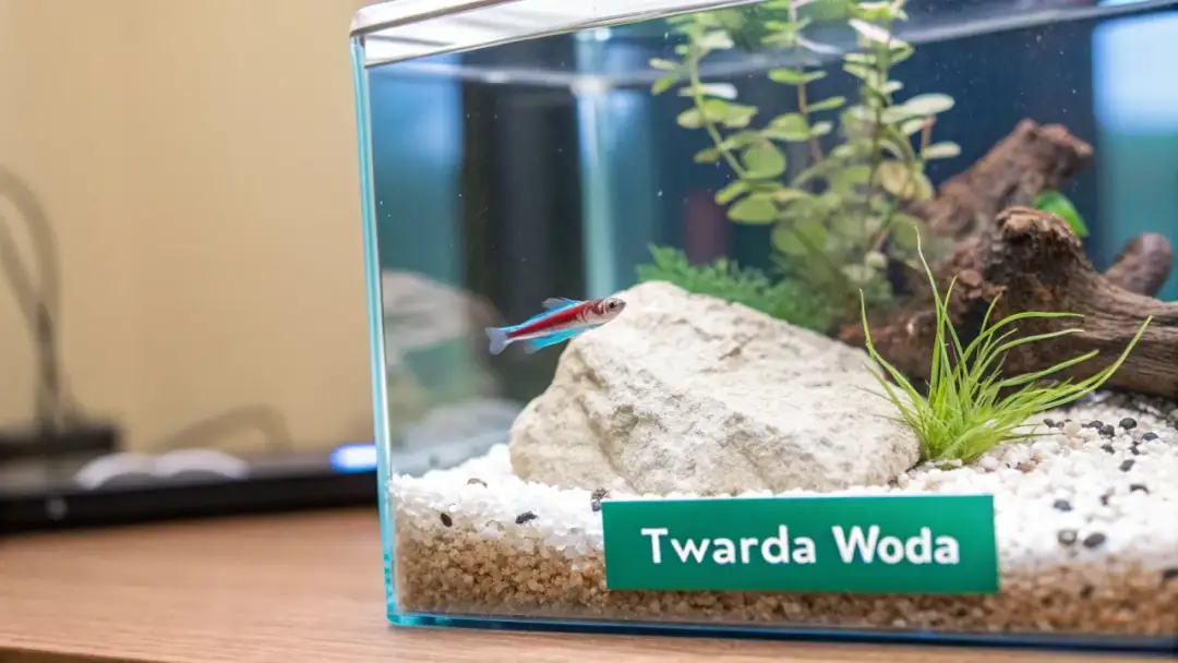 Mały neonka pływa w akwarium z kamieniem i roślinami. Zielona tabliczka informuje: "Twarda Woda", sugerując potrzebę obniżenia twardości wody w akwarium.