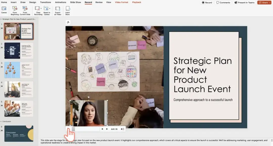 Miniatura prezentacji PowerPoint z widokiem slajdów po lewej i podglądem slajdu z tekstem "Strategic Plan for New Product Launch Event" po prawej.