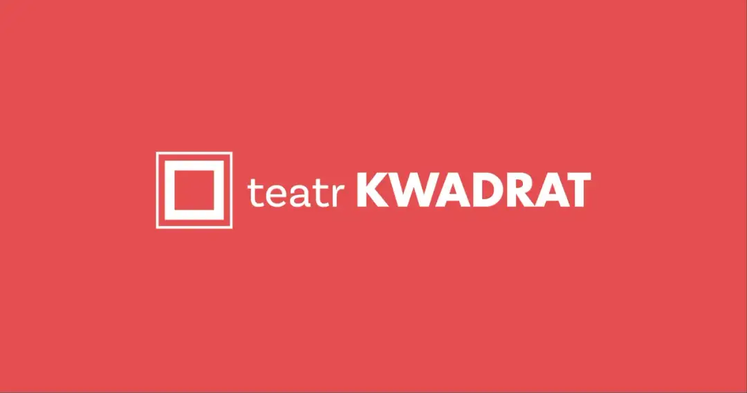 Logo Teatru Kwadrat na Marszałkowskiej w Warszawie. Biały kwadrat i napis "teatr KWADRAT" na czerwonym tle.