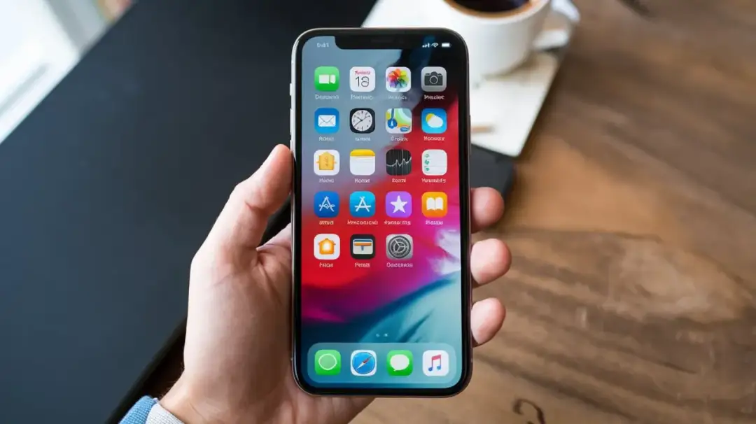 Dłoń trzyma iPhone'a z ikonami aplikacji. Zastanawiasz się, gdzie są pobrane pliki w iPhone? Zazwyczaj są one w aplikacji "Pliki".