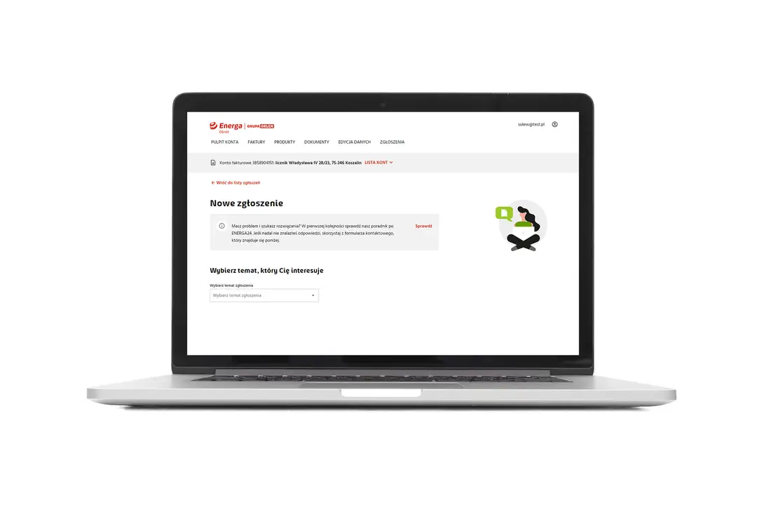 Laptop z otwartą stroną internetową Energa, sekcja "Nowe zgłoszenie".