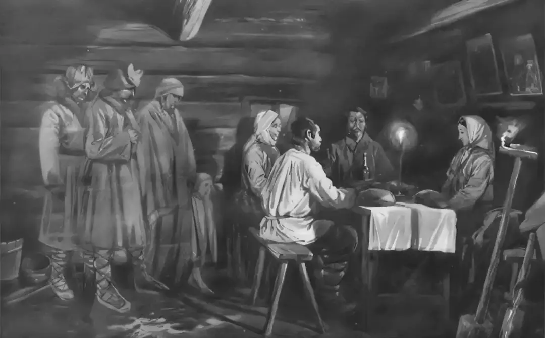 Scena z "Dziadów" Mickiewicza. Ludzie w tradycyjnych strojach zebrani w izbie, przy stole płonie świeca. Kto napisał "Dziady"? Adam Mickiewicz.