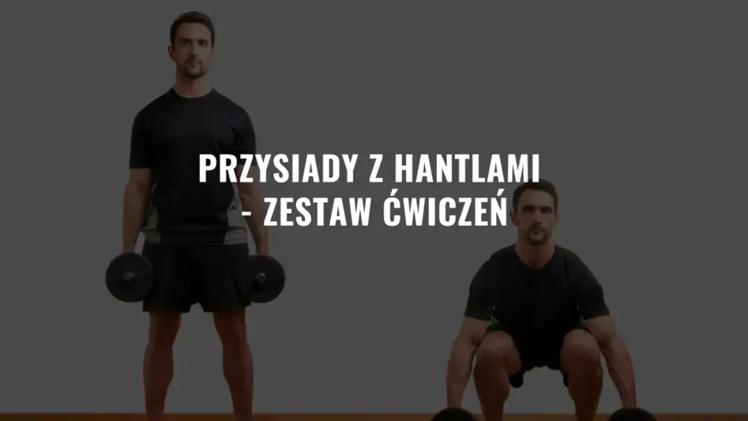 Mężczyzna wykonuje przysiad z hantlami, prezentując ćwiczenie.