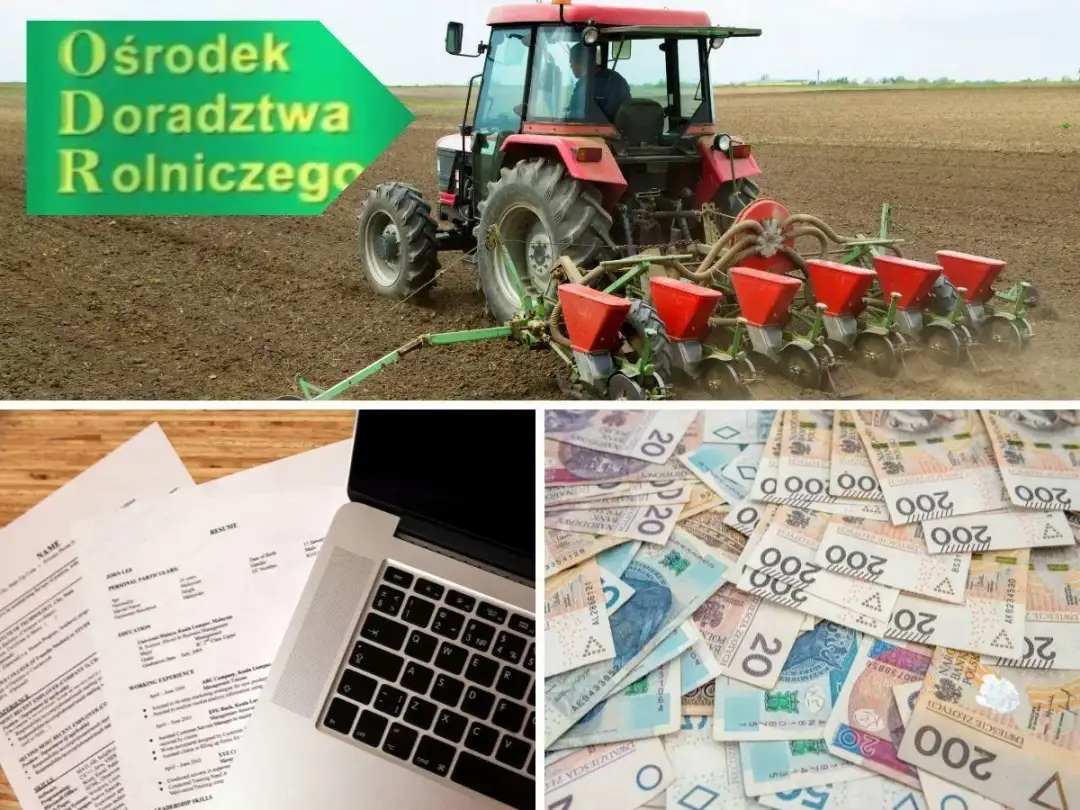 Traktor z siewnikiem na polu, obok dokumenty i polskie banknoty. Ile kosztuje przekopanie działki?