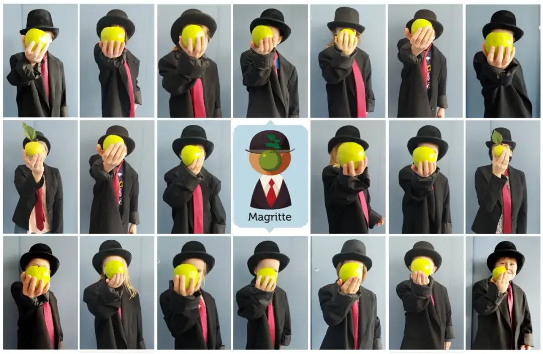 Dzieci w melonikach i płaszczach trzymają zielone jabłka, nawiązując do stylu obrazu René Magritte'a.