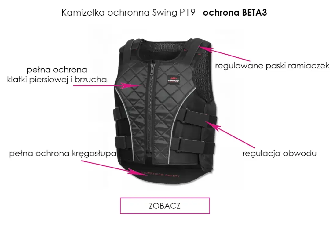 Czarna kamizelka do jazdy konnej dla dzieci, z pełną ochroną klatki piersiowej, brzucha i kręgosłupa. Regulowane paski i obwód.