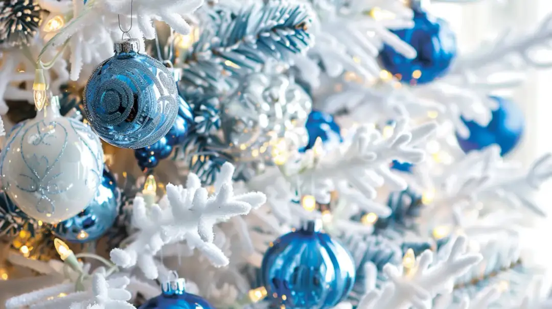 Biała choinka z niebieskimi ozdobami: Zimowy look na święta