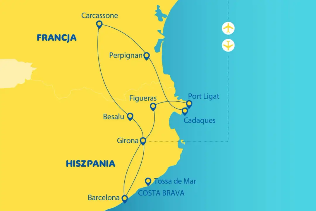 Mapa pokazuje trasę podróży przez Francję i Hiszpanię, w tym wybrzeże Costa Brava. Czy Francja ma dostęp do morza? Tak, mapa to potwierdza.