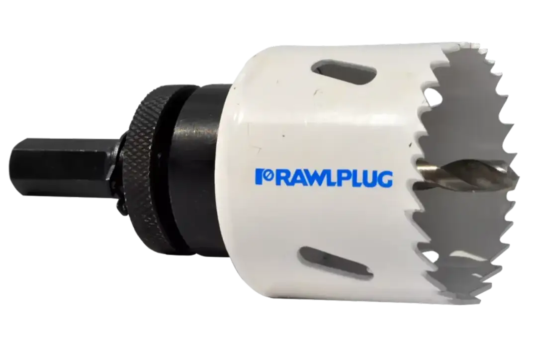 Otwornica do puszek GK z logo Rawlplug, gotowa do wiercenia precyzyjnych otworów.