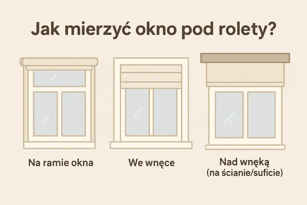 Ilustracja trzech okien z roletami: na ramie, we wnęce i nad wnęką.