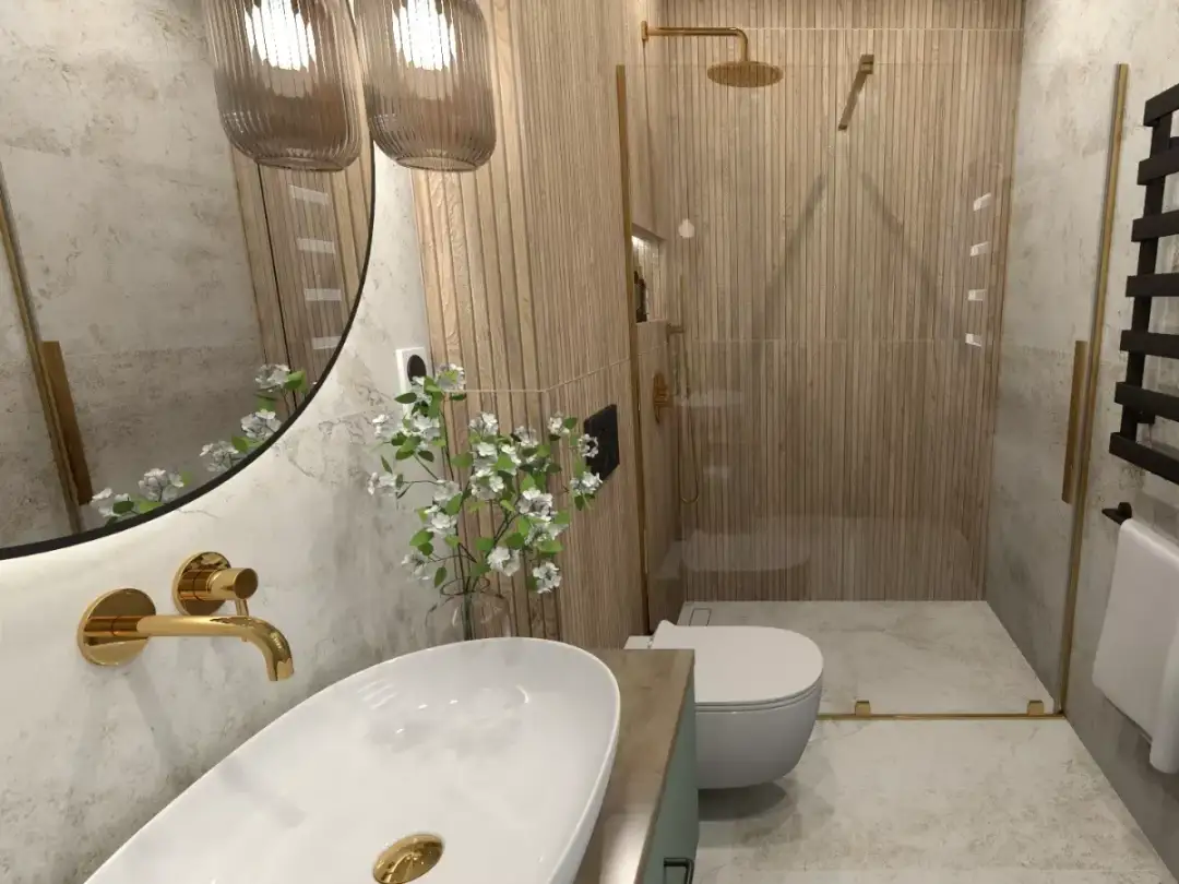 Nowoczesna łazienka z prysznicem wyłożonym pionowymi **lamele w łazience**. Złote baterie i detale dodają elegancji.