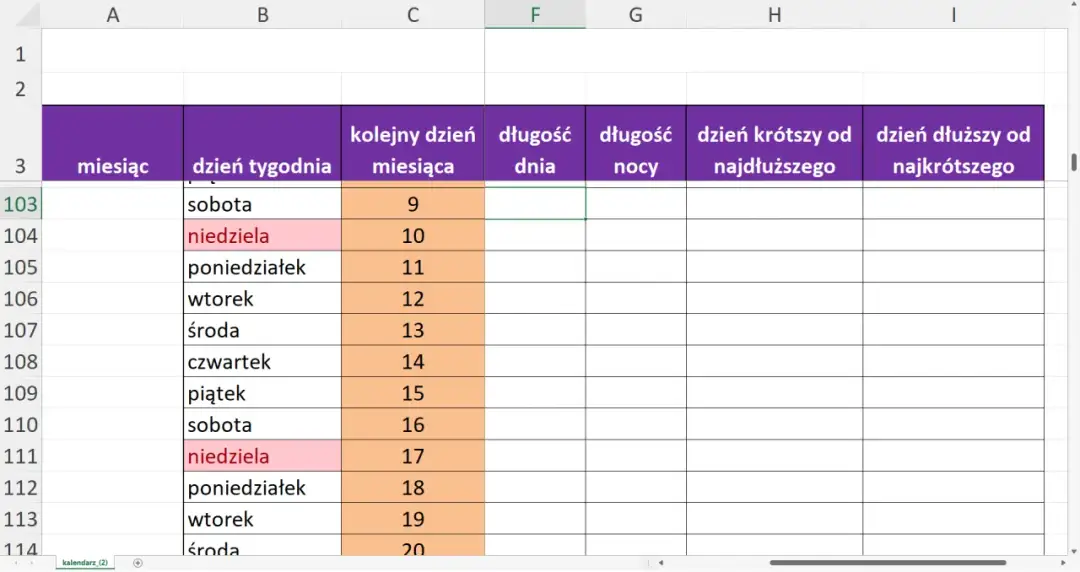 Tabela w Excelu z dniami tygodnia i numerami dni miesiąca. Wskazówka, jak odblokować zablokowane komórki w Excelu, gdy dane są już wprowadzone.