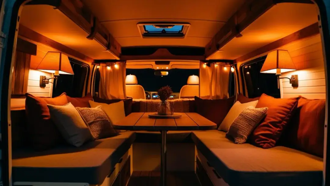 Przytulne wnętrze kampera oświetlone ciepłym blaskiem lamp led. Kwadratowe abażury lamp dodają uroku.