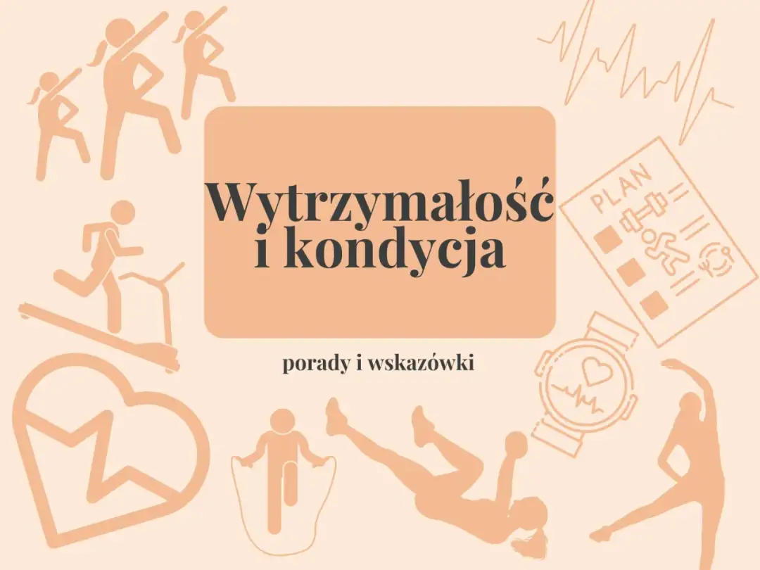 Ilustracje pokazują różne ćwiczenia na kondycję, bieganie, skakanie na skakance, trening siłowy i taniec.