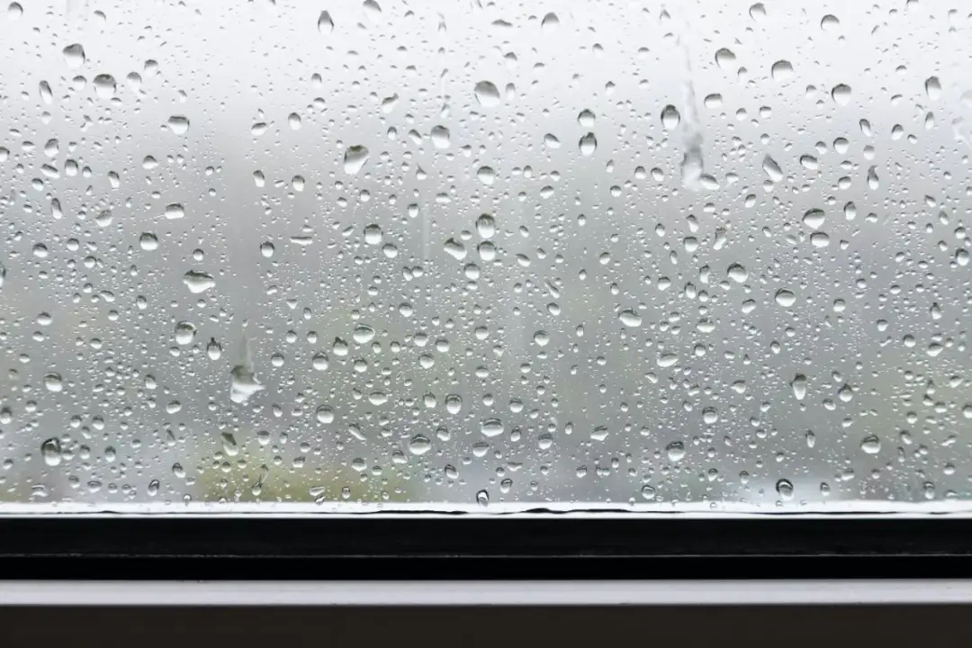 Krople deszczu na szybie, tworzące naturalny wzór. Jak wyciszyć parapet przed deszczem? Może warto po prostu cieszyć się widokiem?
