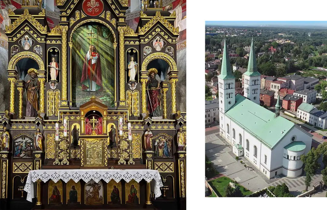 Wnętrze bazyliki w Mikołowie z ołtarzem i widokiem z lotu ptaka na kościół.