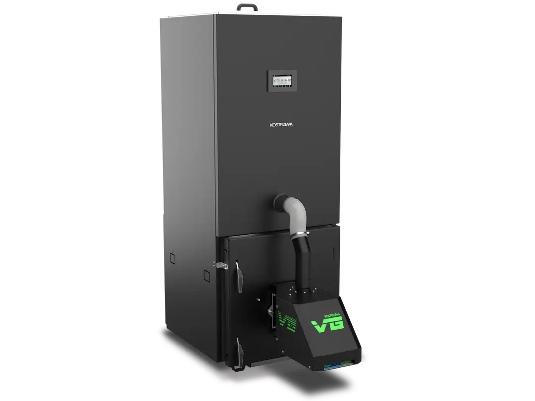 Nowoczesny, czarny kocioł CO z panelem sterowania i palnikiem.